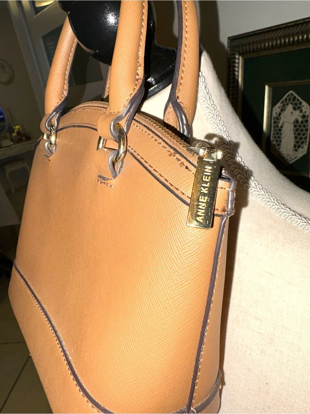 Anne Klein Tan Dome Satchel with Gold Hardware